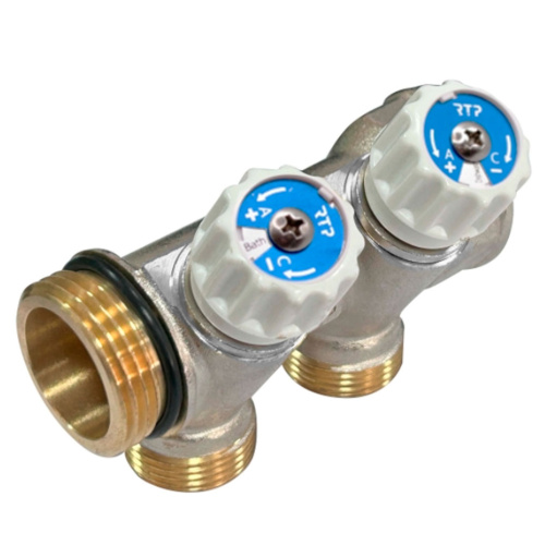 Коллектор латунный 3/4"x1/2", 2 выхода, с вентилями RTP (плоское уплотнение)