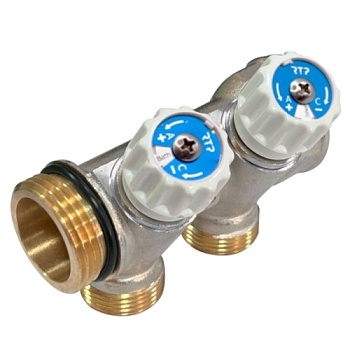 Коллектор латунный 1"x3/4"EK, 2 выхода, с вентилями RTP (евроконус)