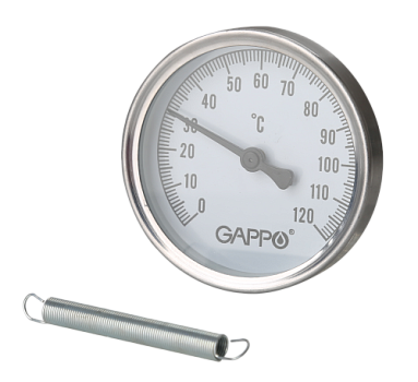 Термометр биметаллический 63 мм 0-120°C 1/2" GAPPO (накладной с пружиной) /50/5 шт.уп/